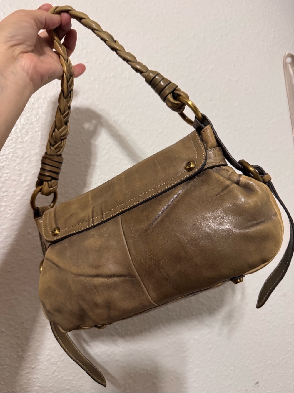 Francesco Biasia Tan Leather Shoulder Bag with Braided Handle - Picture 2 of 16
